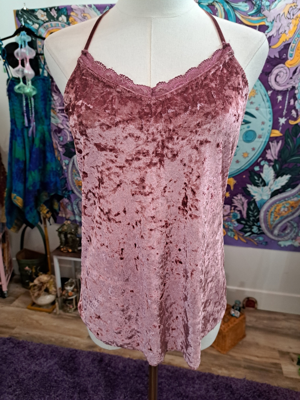 Velvet Thistle Cami | Dusty Mauve Crushed Velvet Lace Top Secret Treasures Small